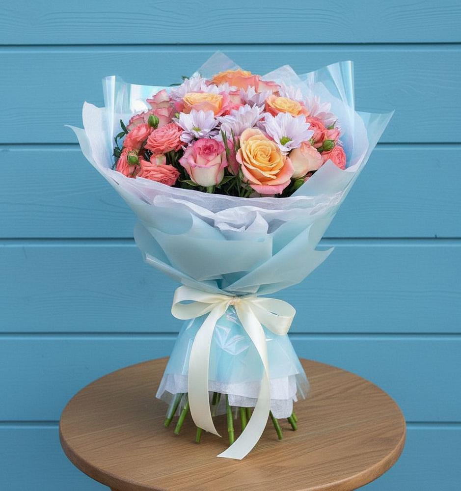 Букет цветов из: Хризантемы и Розы в Восточной