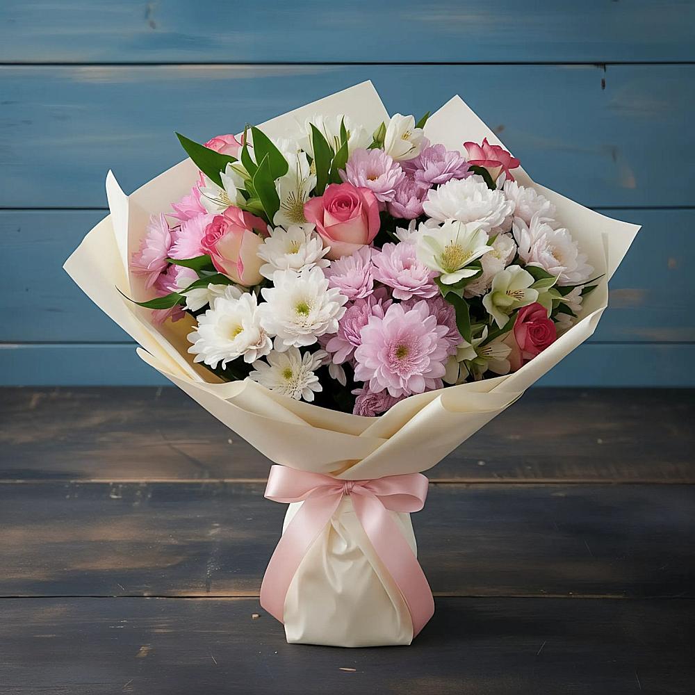 Букет цветов из: Хризантемы, Альстромерии и Розы в Восточной